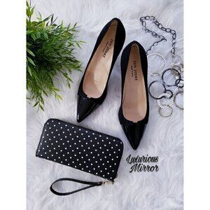 Jon Josef Womens Cap Pointed Toe Black Suede Patent Leather Kitten Heels Sz 8.5